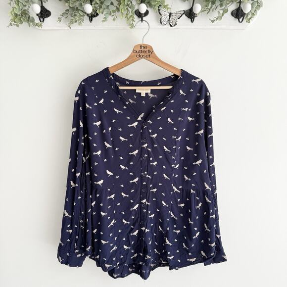 Modcloth Tops - Modcloth Bird Print Top Roll Tab Button Up Cinched Back Women's 1X HH4042